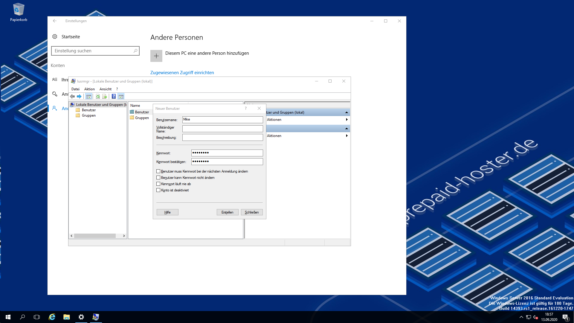 Benutzer anlegenWindows Server 2016